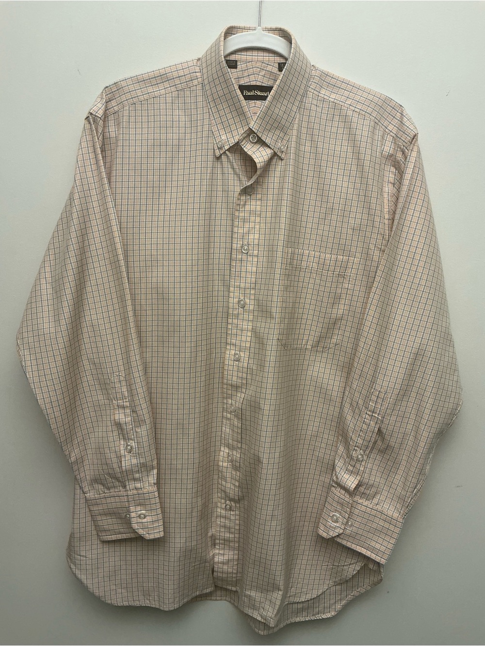 Paul Stuart Beige Shirt with Blue Windowpane Check